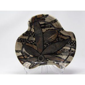 Handmade Studio Art Raku Pottery Dish Bowl Plate Unique Leaf Design. Signed O De
